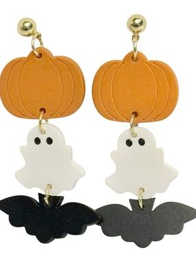 NWOT Halloween Pumpkin, Ghost & Bat Drop Pierced Earrings -Wood